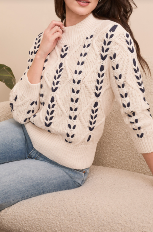 3/4 sleeve mock neck w/ cables -- Moonstone – Bennett's Boutique