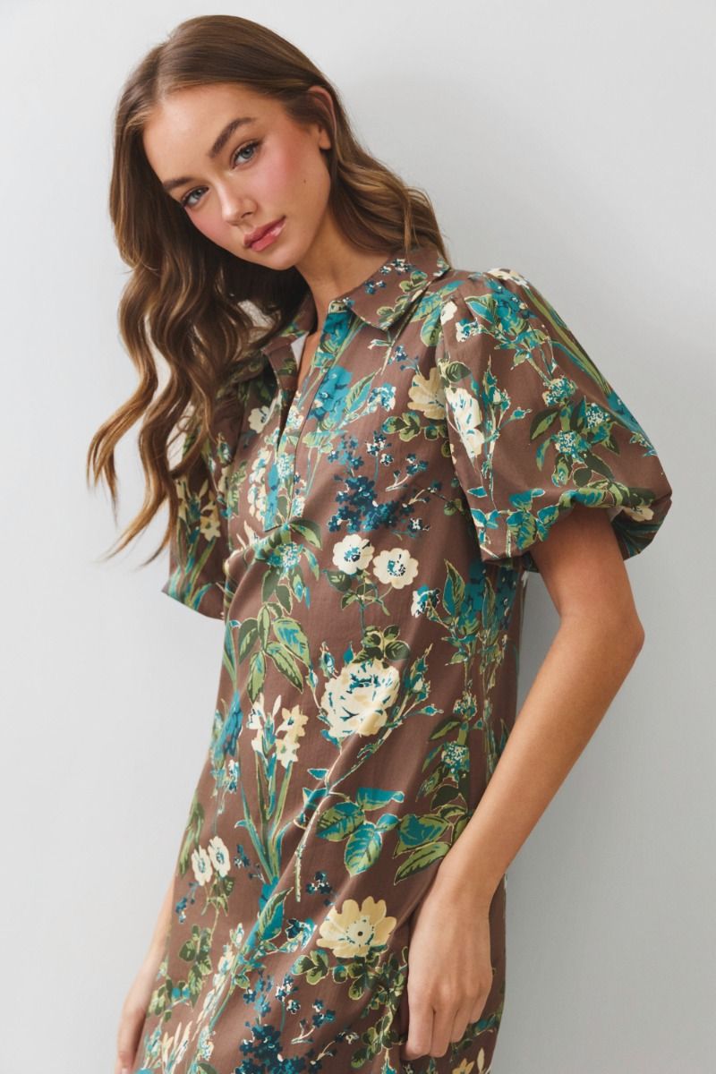 Midi A-Line Dress -- brown teal floral