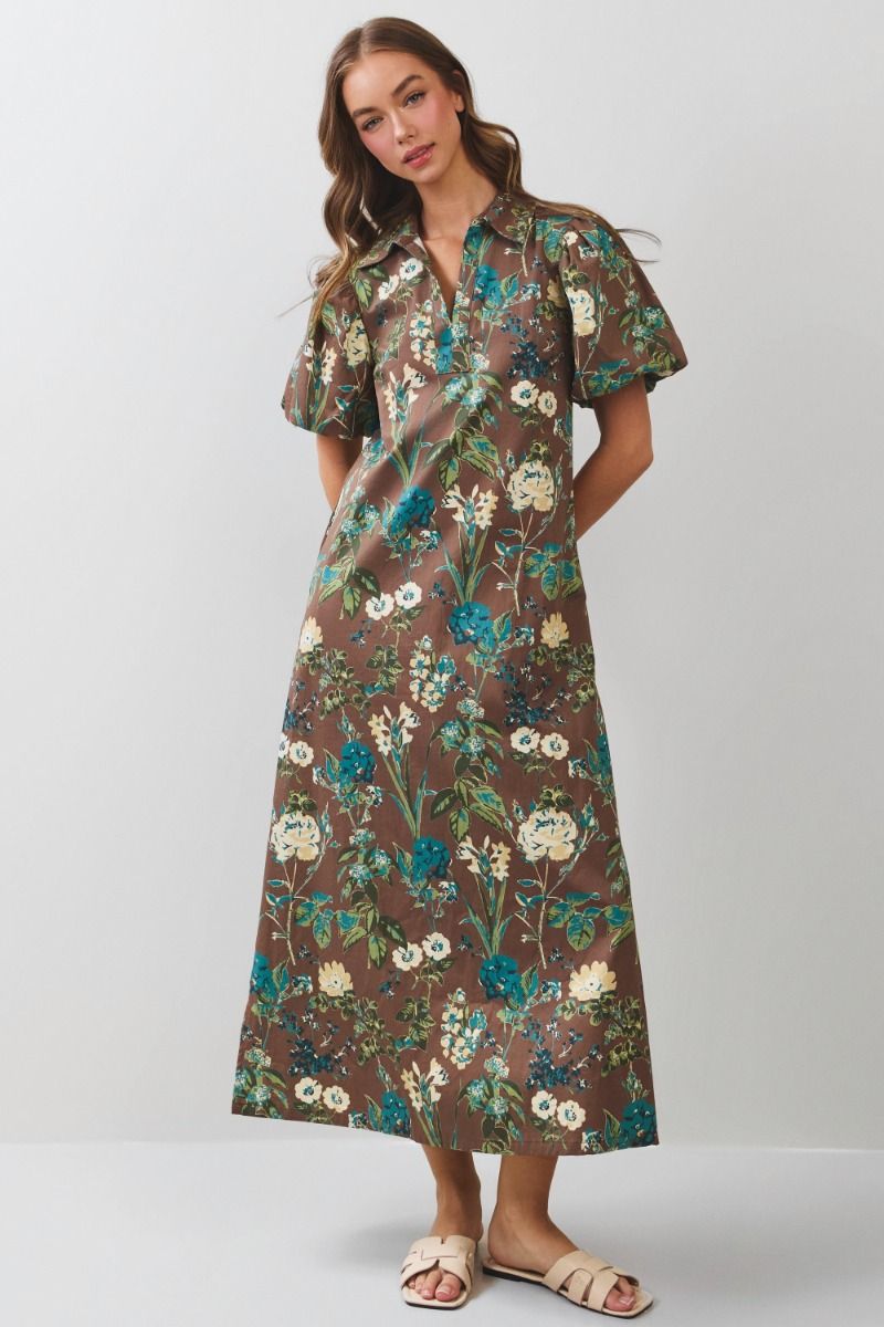 Midi A-Line Dress -- brown teal floral